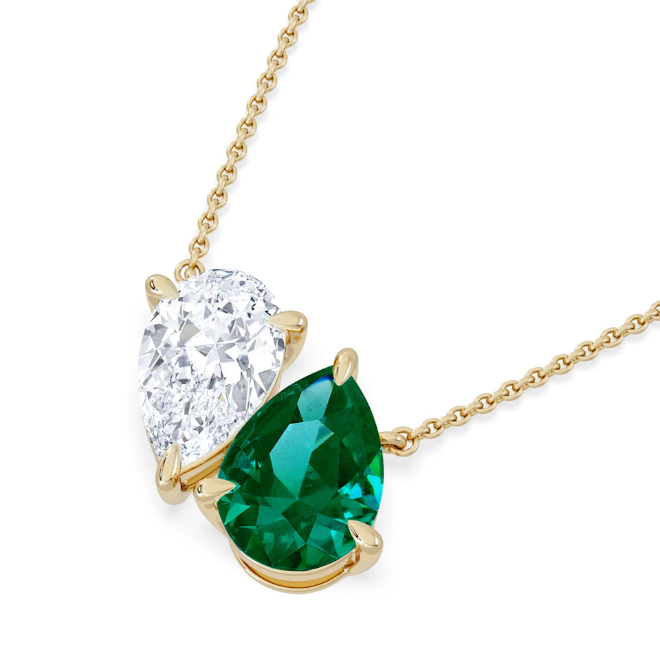 Toi Et Moi 1.50ct Pear Lab Diamond and 2.50ct Pear Lab Emerald Necklace in 18K Yellow Gold