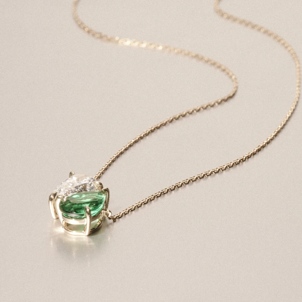 Toi Et Moi 1.50ct Pear Lab Diamond and 2.50ct Pear Lab Emerald Necklace in 18K Yellow Gold