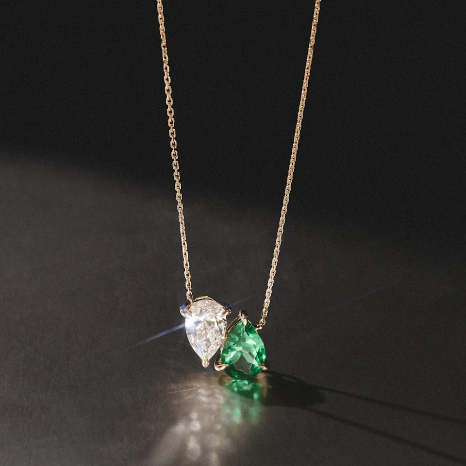 Toi Et Moi 1.50ct Pear Lab Diamond and 2.50ct Pear Lab Emerald Necklace in 18K Yellow Gold