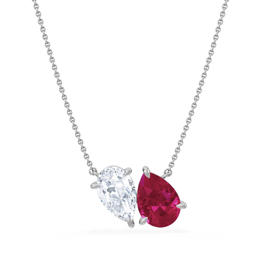 Toi Et Moi 1.50ct Pear Lab Diamond and 2.50ct Pear Lab Ruby Necklace in 18K White Gold