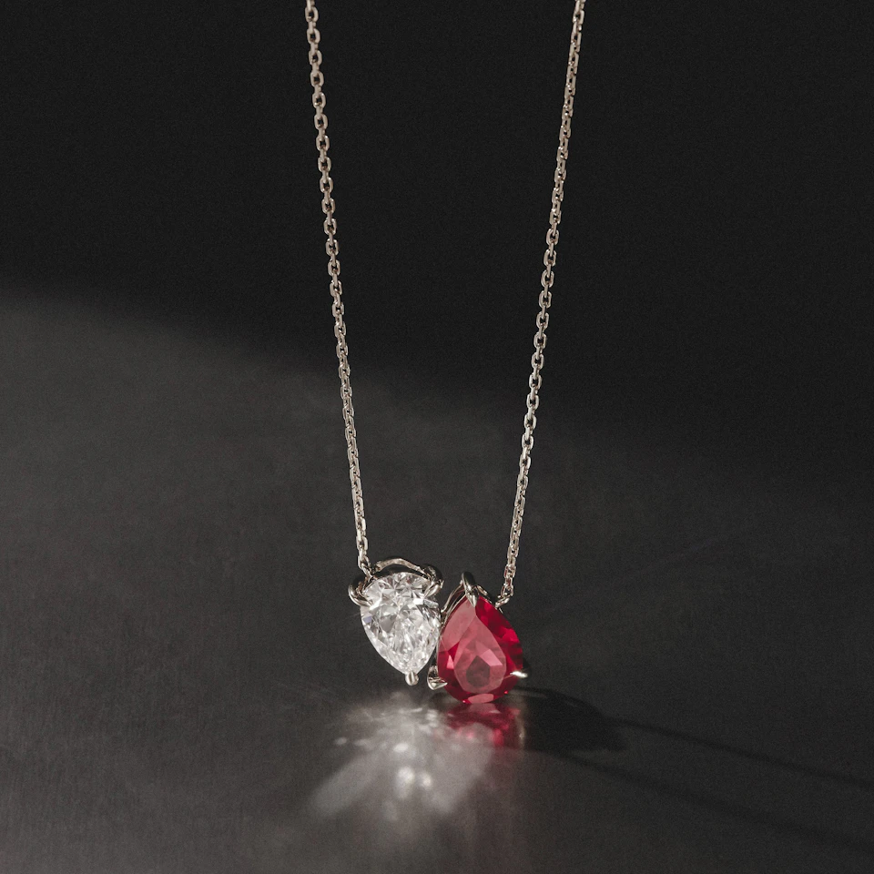 Toi Et Moi 1.50ct Pear Lab Diamond and 2.50ct Pear Lab Ruby Necklace in 18K White Gold