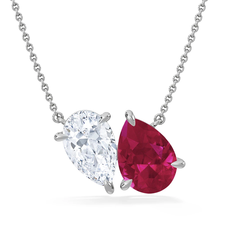 Toi Et Moi 1.50ct Pear Lab Diamond and 2.50ct Pear Lab Ruby Necklace in 18K White Gold