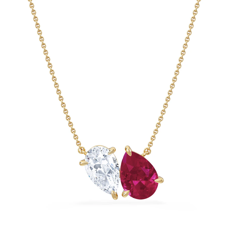 Toi Et Moi 1.50ct Pear Lab Diamond and 2.50ct Pear Lab Ruby Necklace in 18K Yellow Gold