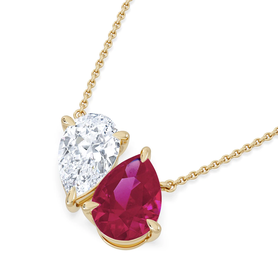 Toi Et Moi 1.50ct Pear Lab Diamond and 2.50ct Pear Lab Ruby Necklace in 18K Yellow Gold