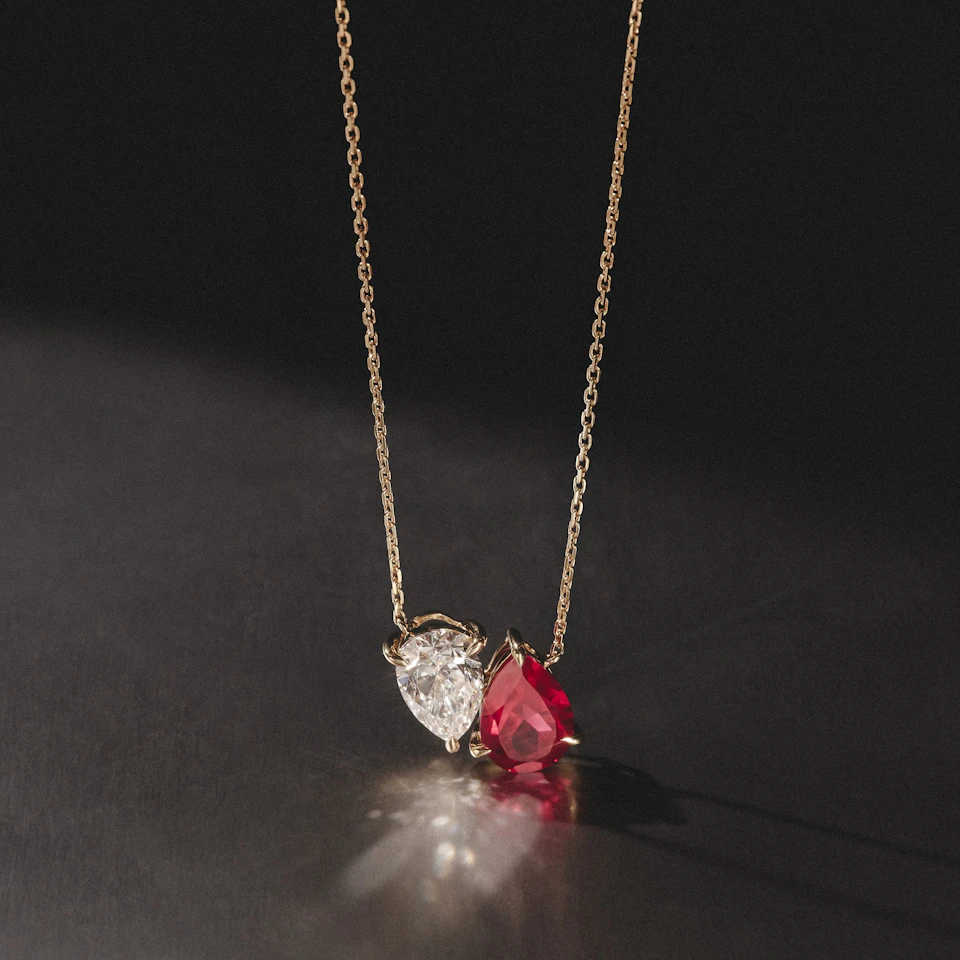 Toi Et Moi 1.50ct Pear Lab Diamond and 2.50ct Pear Lab Ruby Necklace in 18K Yellow Gold