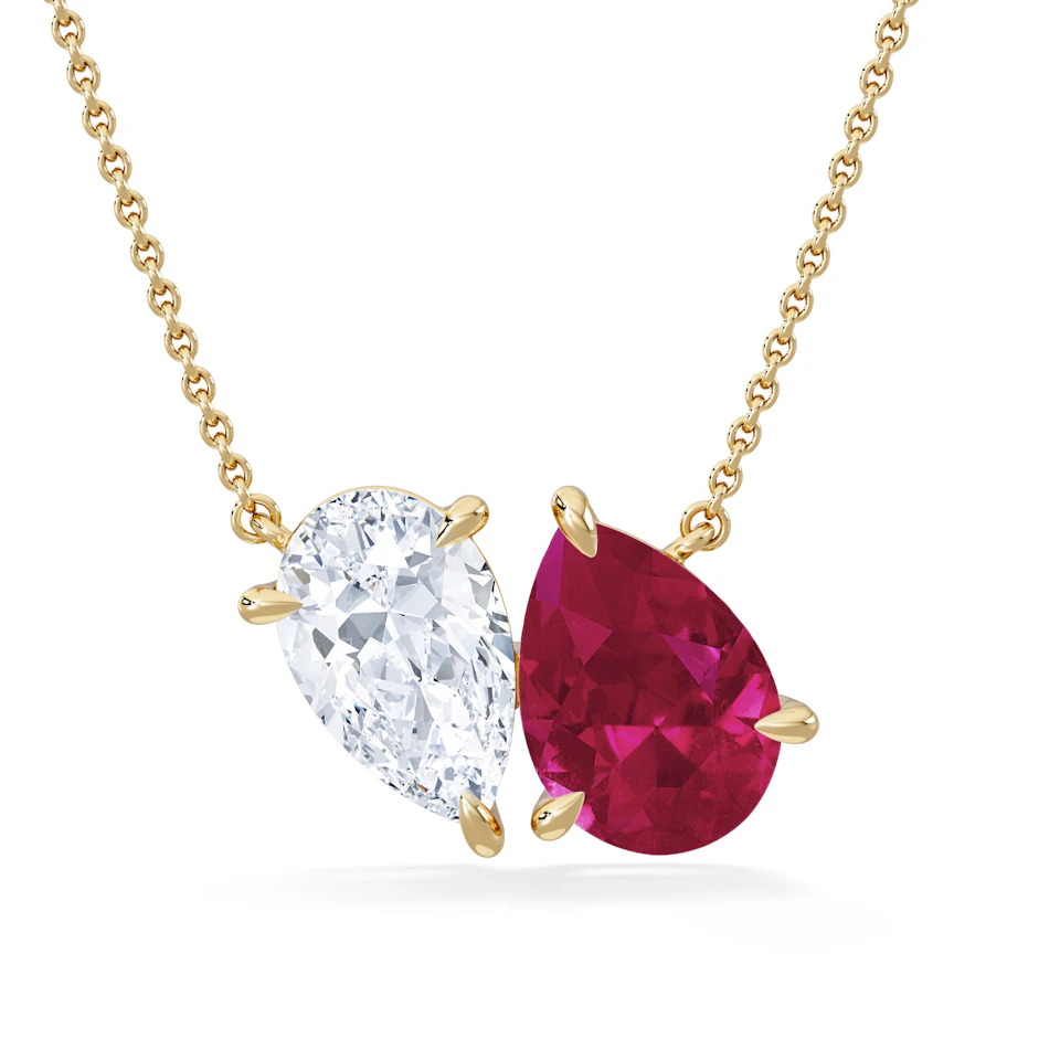 Toi Et Moi 1.50ct Pear Lab Diamond and 2.50ct Pear Lab Ruby Necklace in 18K Yellow Gold