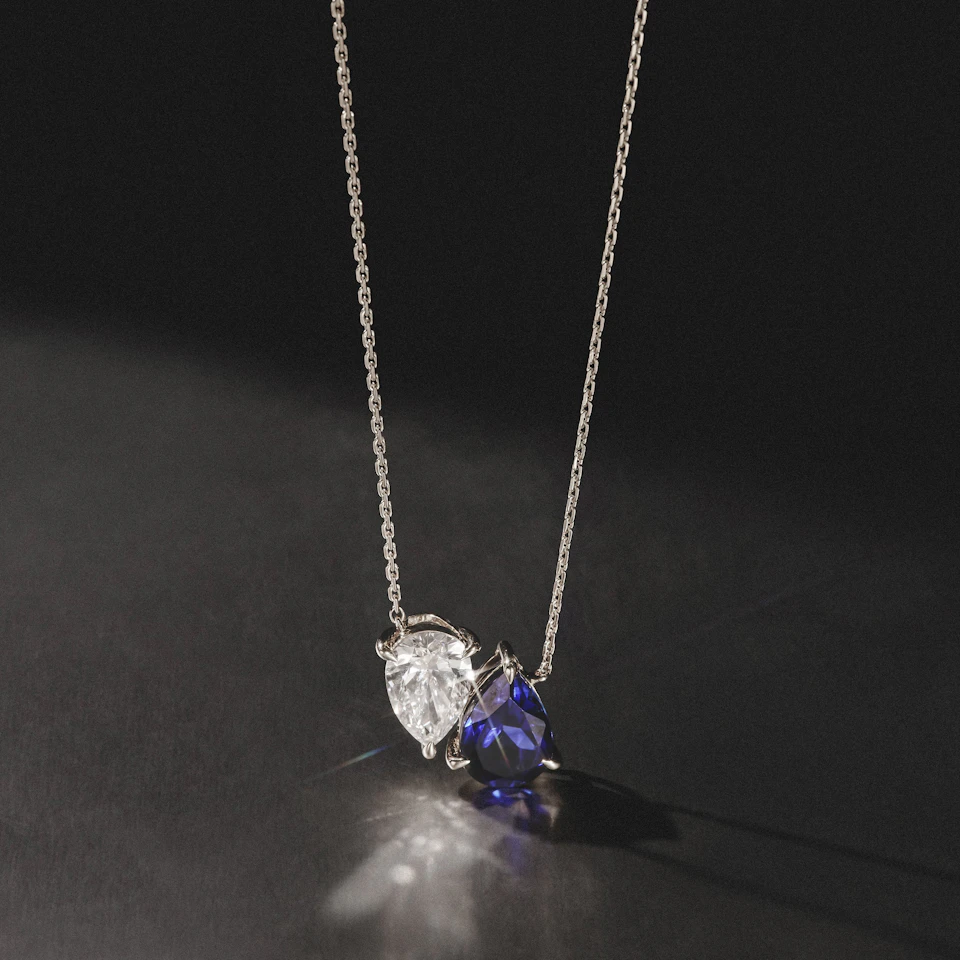 Toi Et Moi 1.50ct Pear Lab Diamond and 2.50ct Pear Lab Sapphire Necklace in 18K White Gold