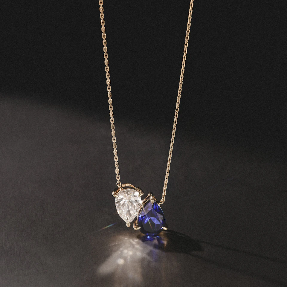 Toi Et Moi 1.50ct Pear Lab Diamond and 2.50ct Pear Lab Sapphire Necklace in 18K Yellow Gold