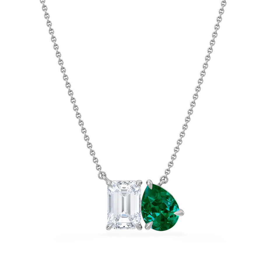 Toi Et Moi 1.50ct Emerald Cut Lab Diamond and 1.30ct Pear Lab Emerald Necklace in 18K White Gold