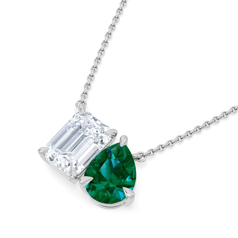 Toi Et Moi 1.50ct Emerald Cut Lab Diamond and 1.30ct Pear Lab Emerald Necklace in 18K White Gold