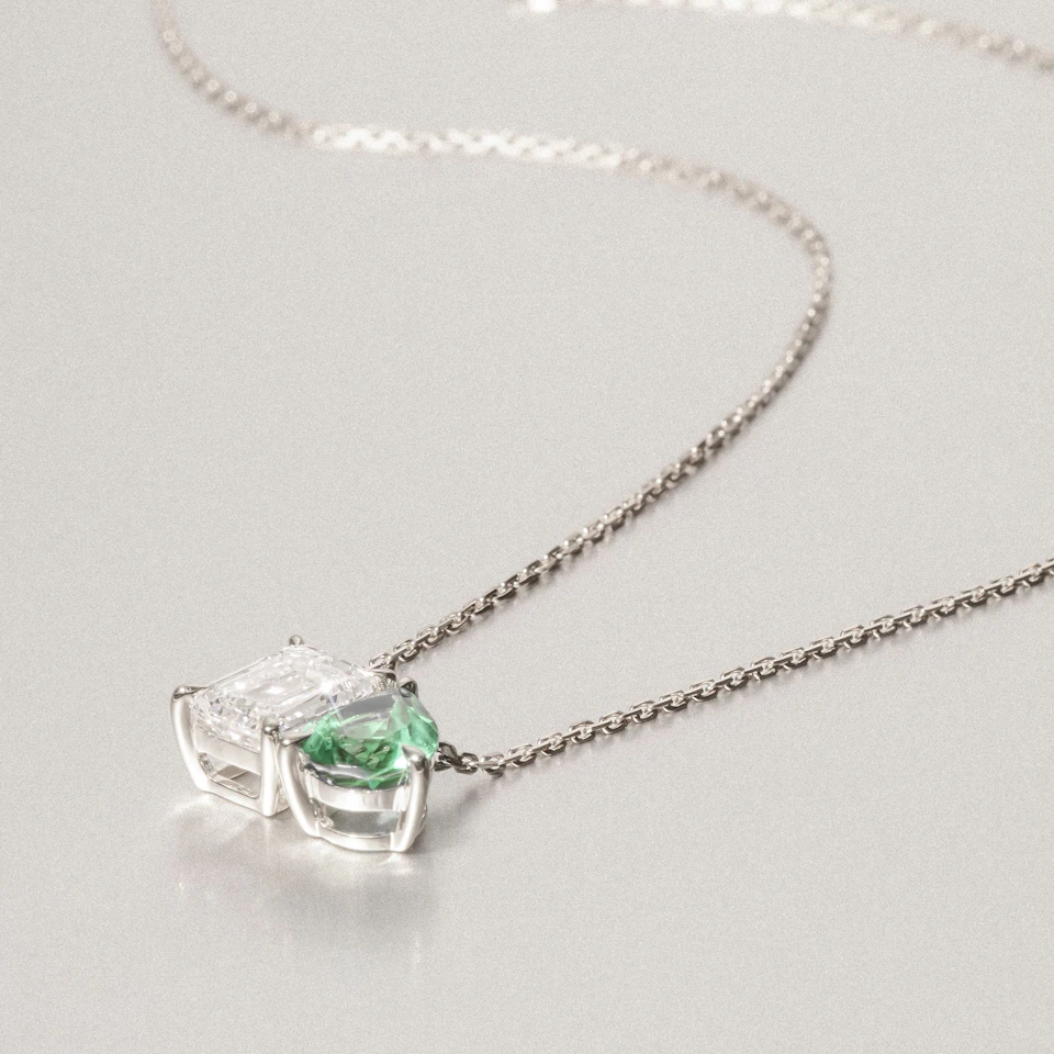 Toi Et Moi 1.50ct Emerald Cut Lab Diamond and 1.30ct Pear Lab Emerald Necklace in 18K White Gold