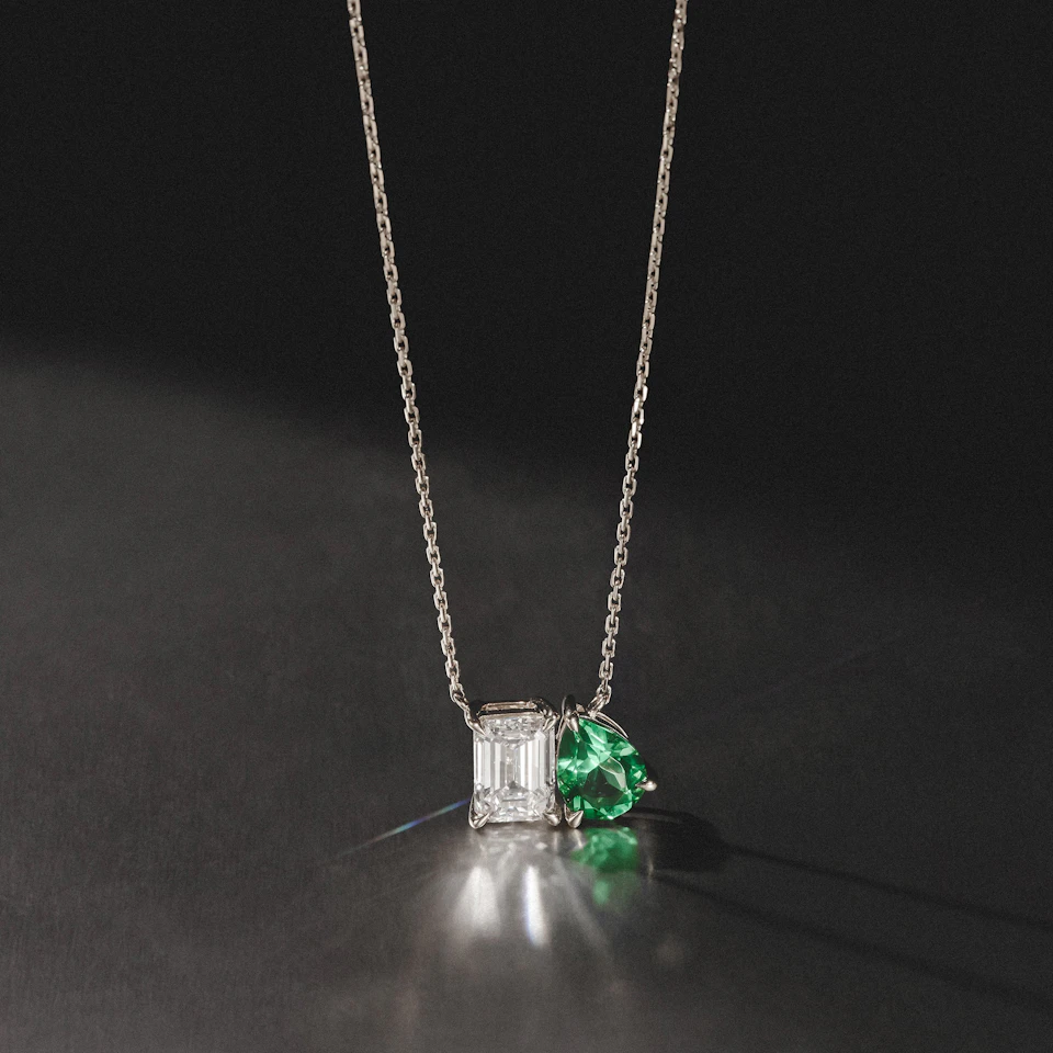 Toi Et Moi 1.50ct Emerald Cut Lab Diamond and 1.30ct Pear Lab Emerald Necklace in 18K White Gold