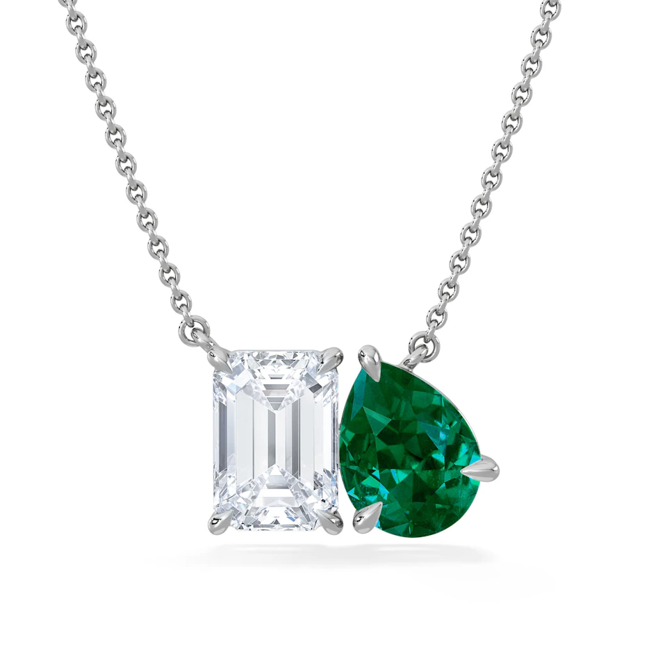 Toi Et Moi 1.50ct Emerald Cut Lab Diamond and 1.30ct Pear Lab Emerald Necklace in 18K White Gold