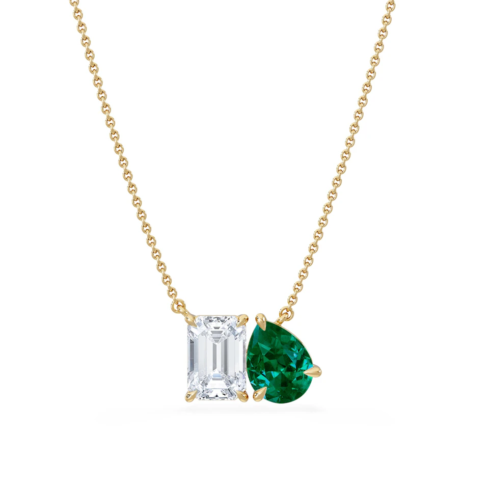 Toi Et Moi 1.50ct Emerald Cut Lab Diamond and 1.30ct Pear Lab Emerald Necklace in 18K Yellow Gold