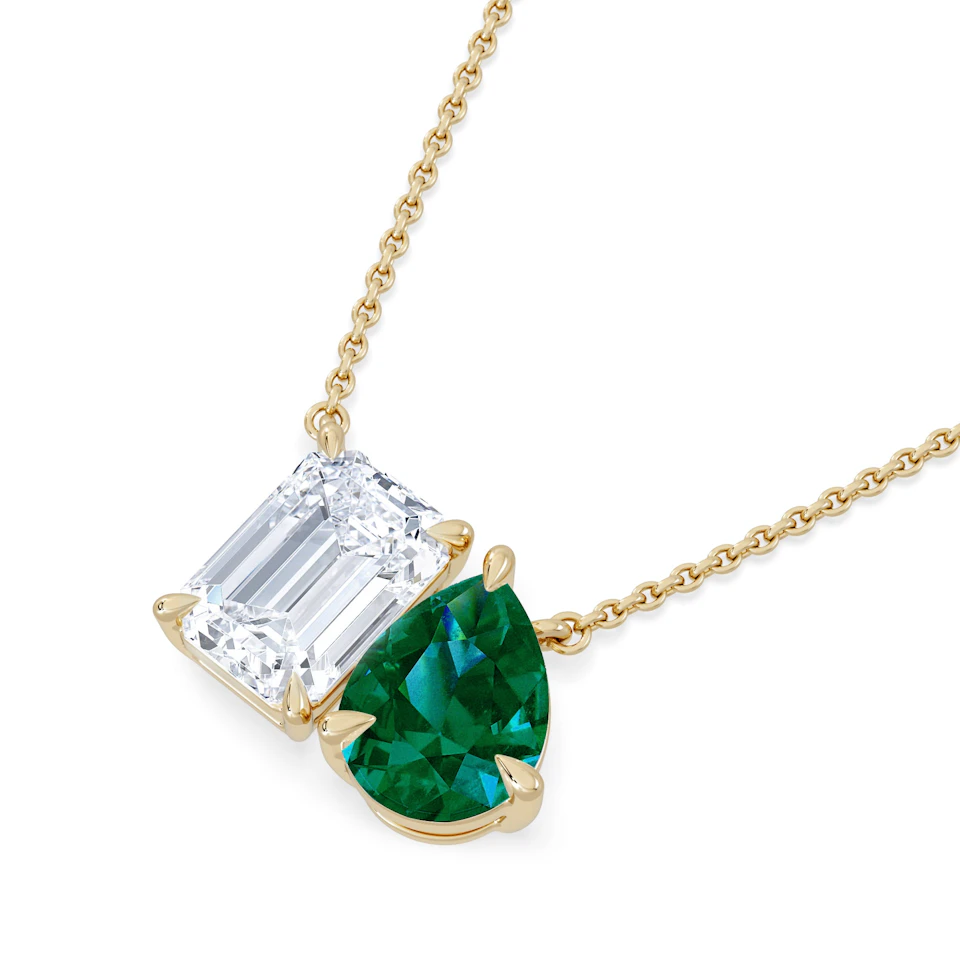 Toi Et Moi 1.50ct Emerald Cut Lab Diamond and 1.30ct Pear Lab Emerald Necklace in 18K Yellow Gold
