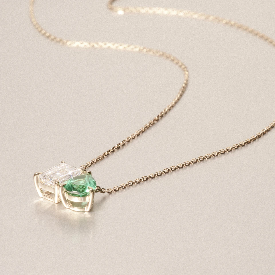 Toi Et Moi 1.50ct Emerald Cut Lab Diamond and 1.30ct Pear Lab Emerald Necklace in 18K Yellow Gold