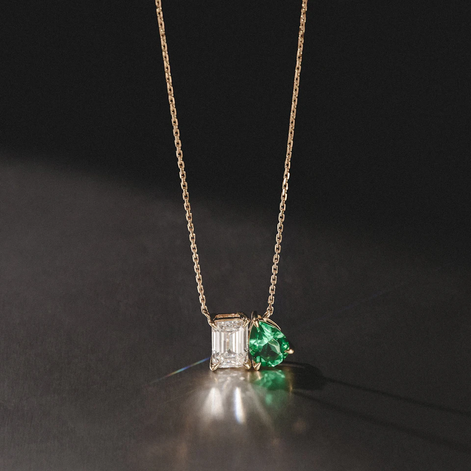 Toi Et Moi 1.50ct Emerald Cut Lab Diamond and 1.30ct Pear Lab Emerald Necklace in 18K Yellow Gold
