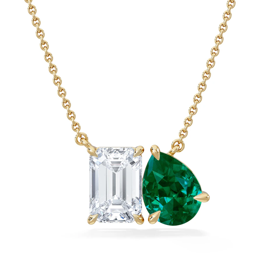 Toi Et Moi 1.50ct Emerald Cut Lab Diamond and 1.30ct Pear Lab Emerald Necklace in 18K Yellow Gold