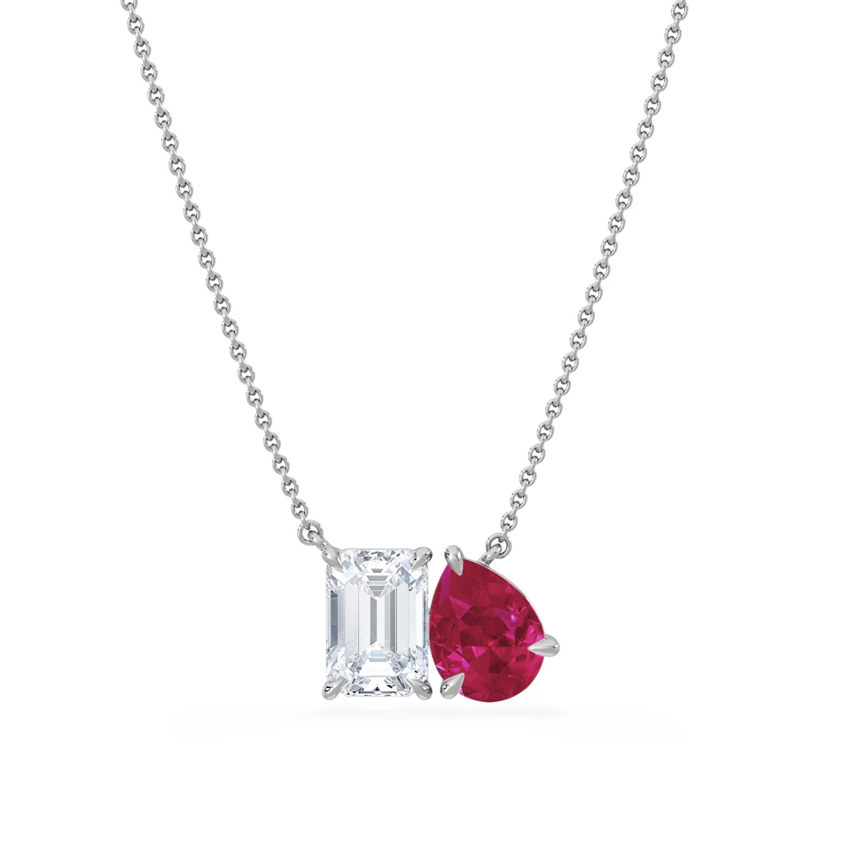 Toi Et Moi 1.50ct Emerald Cut Lab Diamond and 1.30ct Pear Lab Ruby Necklace in 18K White Gold