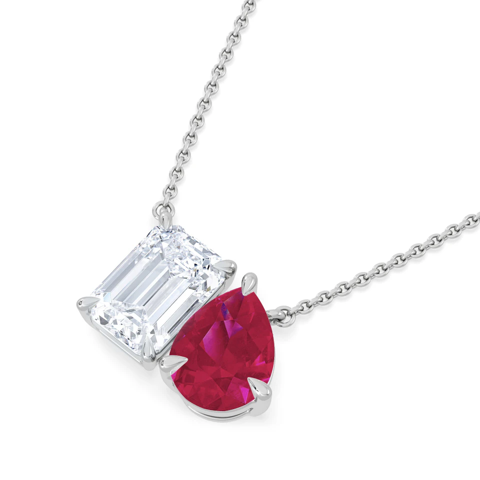Toi Et Moi 1.50ct Emerald Cut Lab Diamond and 1.30ct Pear Lab Ruby Necklace in 18K White Gold