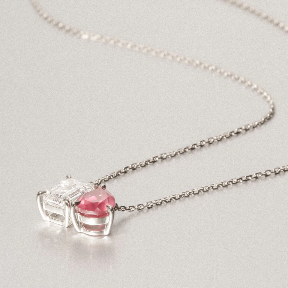 Toi Et Moi 1.50ct Emerald Cut Lab Diamond and 1.30ct Pear Lab Ruby Necklace in 18K White Gold
