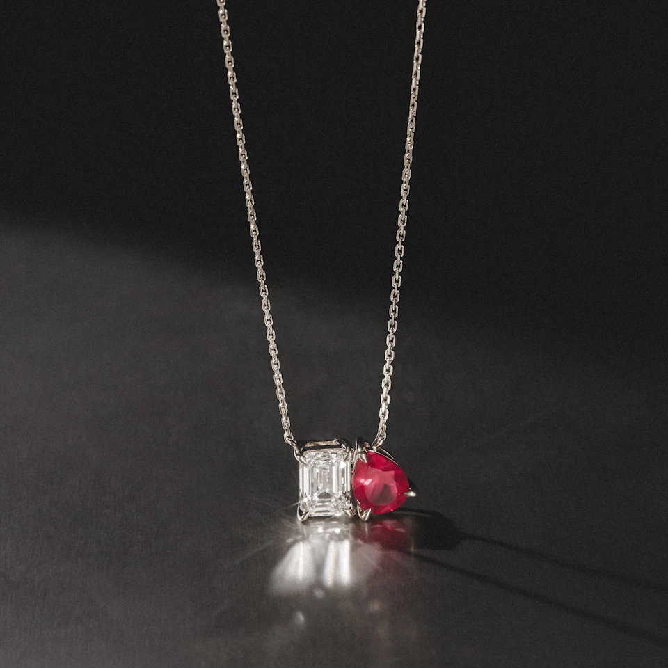 Toi Et Moi 1.50ct Emerald Cut Lab Diamond and 1.30ct Pear Lab Ruby Necklace in 18K White Gold