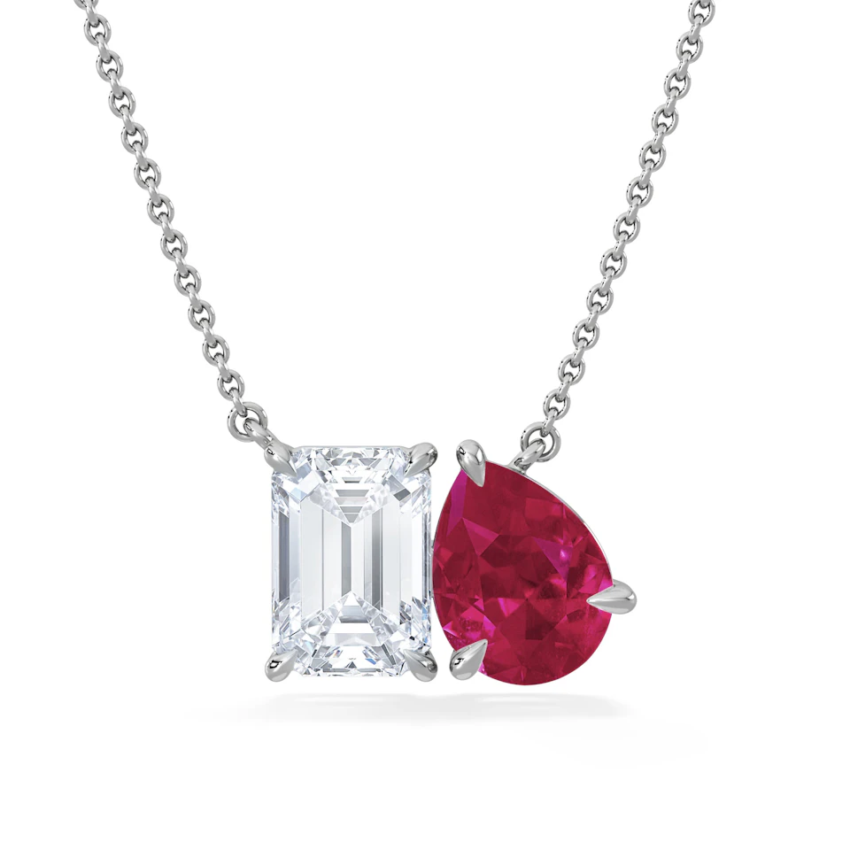 Toi Et Moi 1.50ct Emerald Cut Lab Diamond and 1.30ct Pear Lab Ruby Necklace in 18K White Gold
