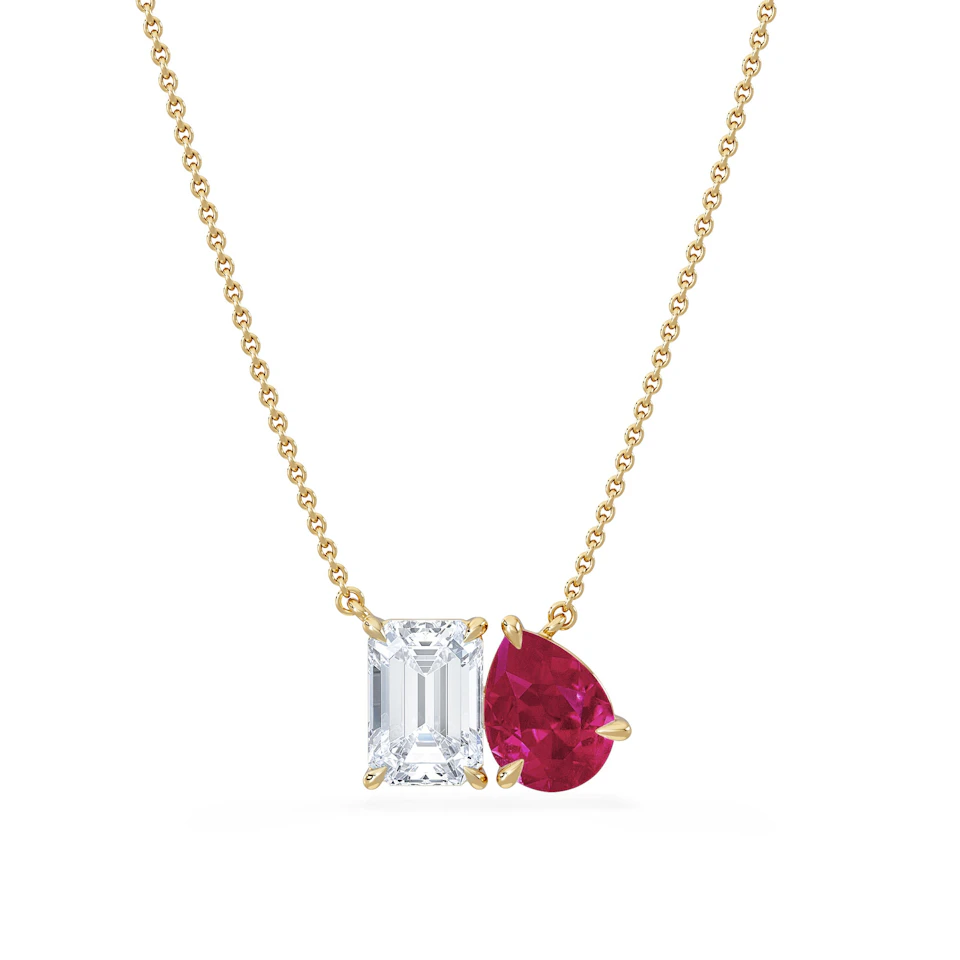 Toi Et Moi 1.50ct Emerald Cut Lab Diamond and 1.30ct Pear Lab Ruby Necklace in 18K Yellow Gold