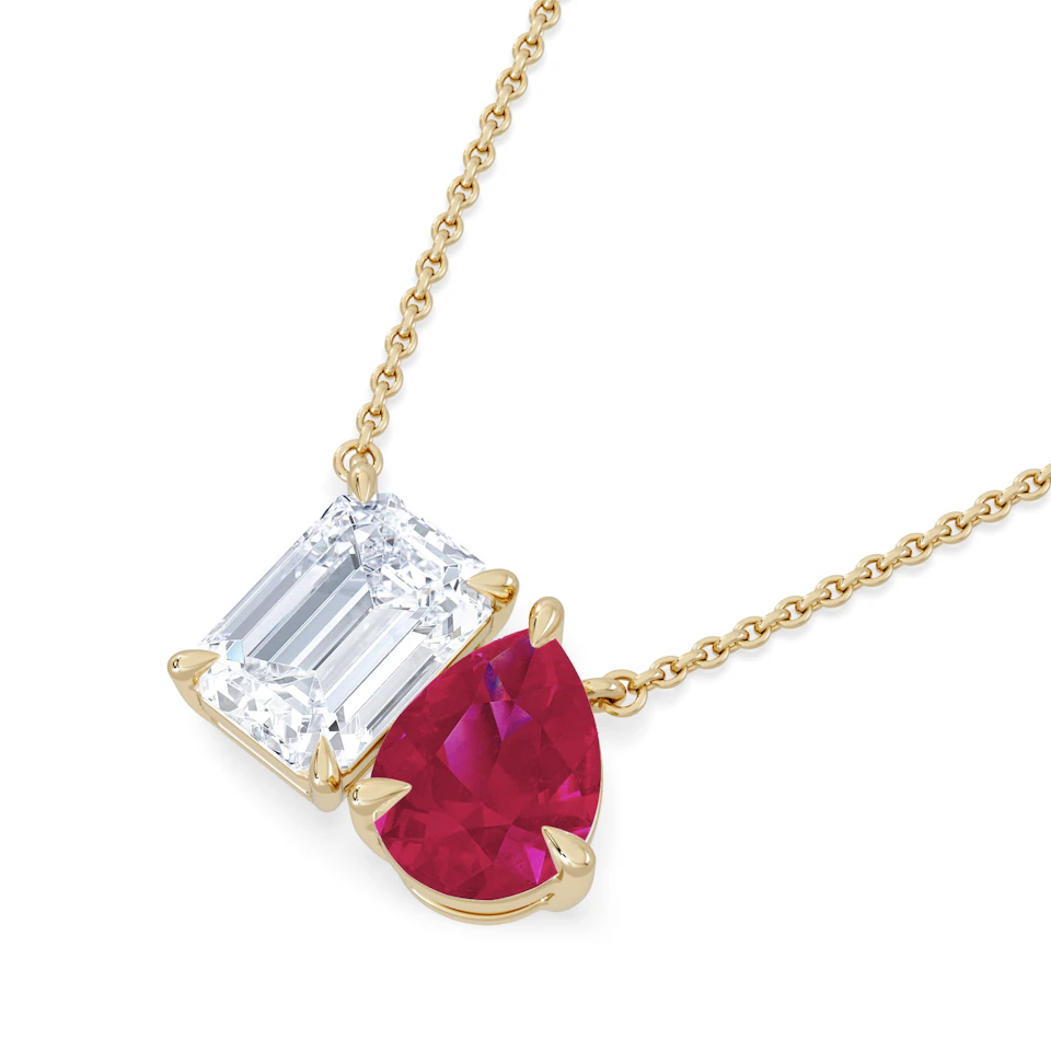 Toi Et Moi 1.50ct Emerald Cut Lab Diamond and 1.30ct Pear Lab Ruby Necklace in 18K Yellow Gold