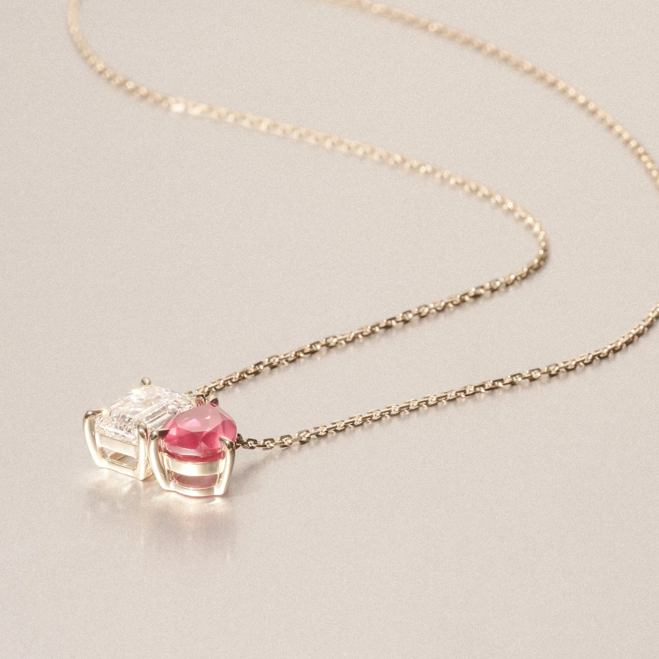 Toi Et Moi 1.50ct Emerald Cut Lab Diamond and 1.30ct Pear Lab Ruby Necklace in 18K Yellow Gold