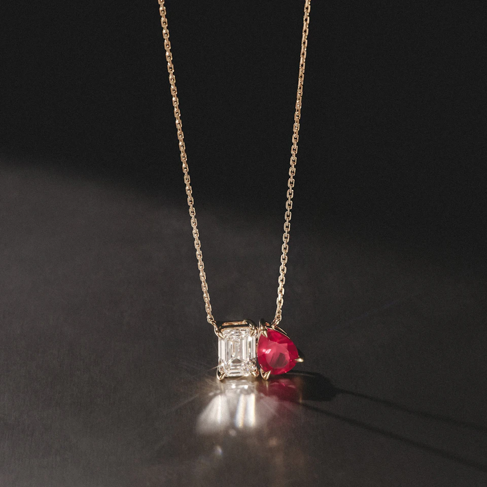 Toi Et Moi 1.50ct Emerald Cut Lab Diamond and 1.30ct Pear Lab Ruby Necklace in 18K Yellow Gold