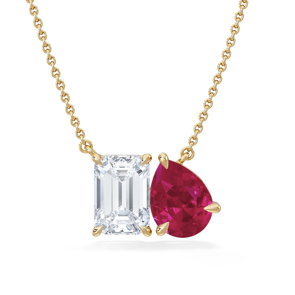 Toi Et Moi 1.50ct Emerald Cut Lab Diamond and 1.30ct Pear Lab Ruby Necklace in 18K Yellow Gold