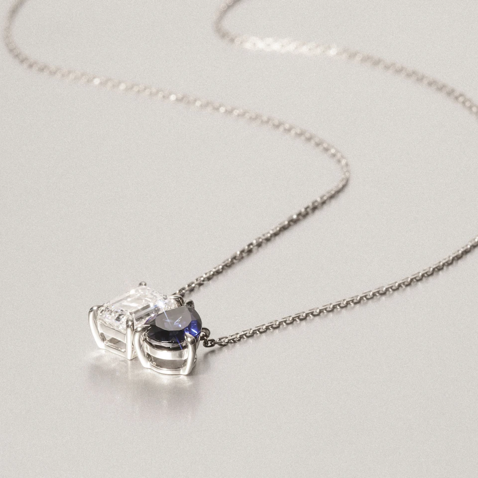 Toi Et Moi 1.50ct Emerald Cut Lab Diamond and 1.30ct Pear Lab Sapphire Necklace in 18K White Gold