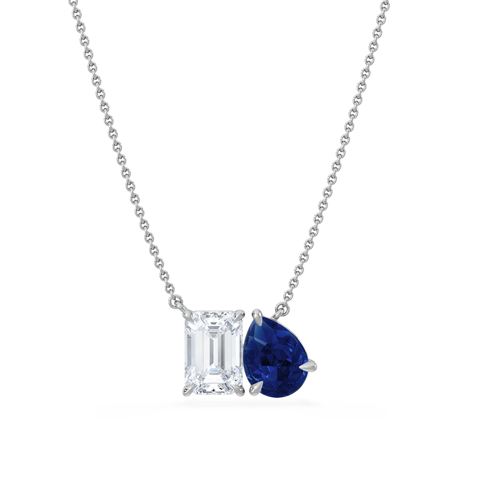 Toi Et Moi 1.50ct Emerald Cut Lab Diamond and 1.30ct Pear Lab Sapphire Necklace in 18K White Gold