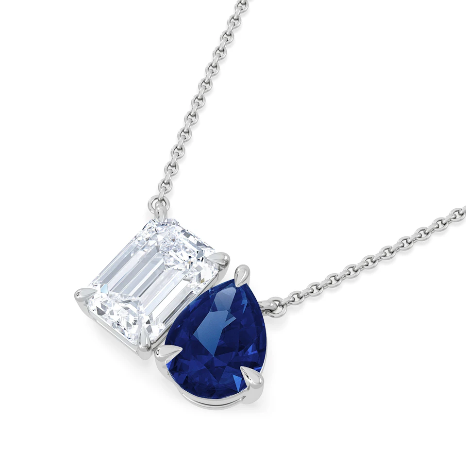 Toi Et Moi 1.50ct Emerald Cut Lab Diamond and 1.30ct Pear Lab Sapphire Necklace in 18K White Gold