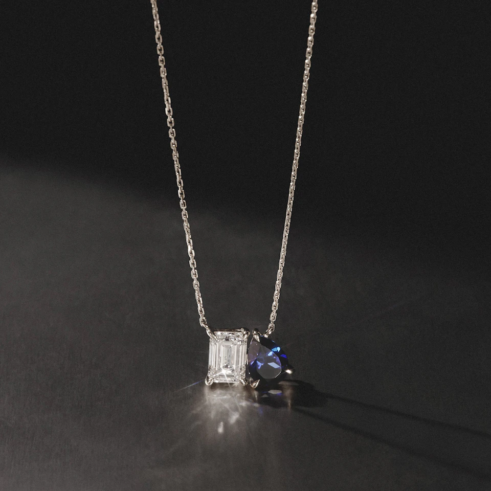 Toi Et Moi 1.50ct Emerald Cut Lab Diamond and 1.30ct Pear Lab Sapphire Necklace in 18K White Gold