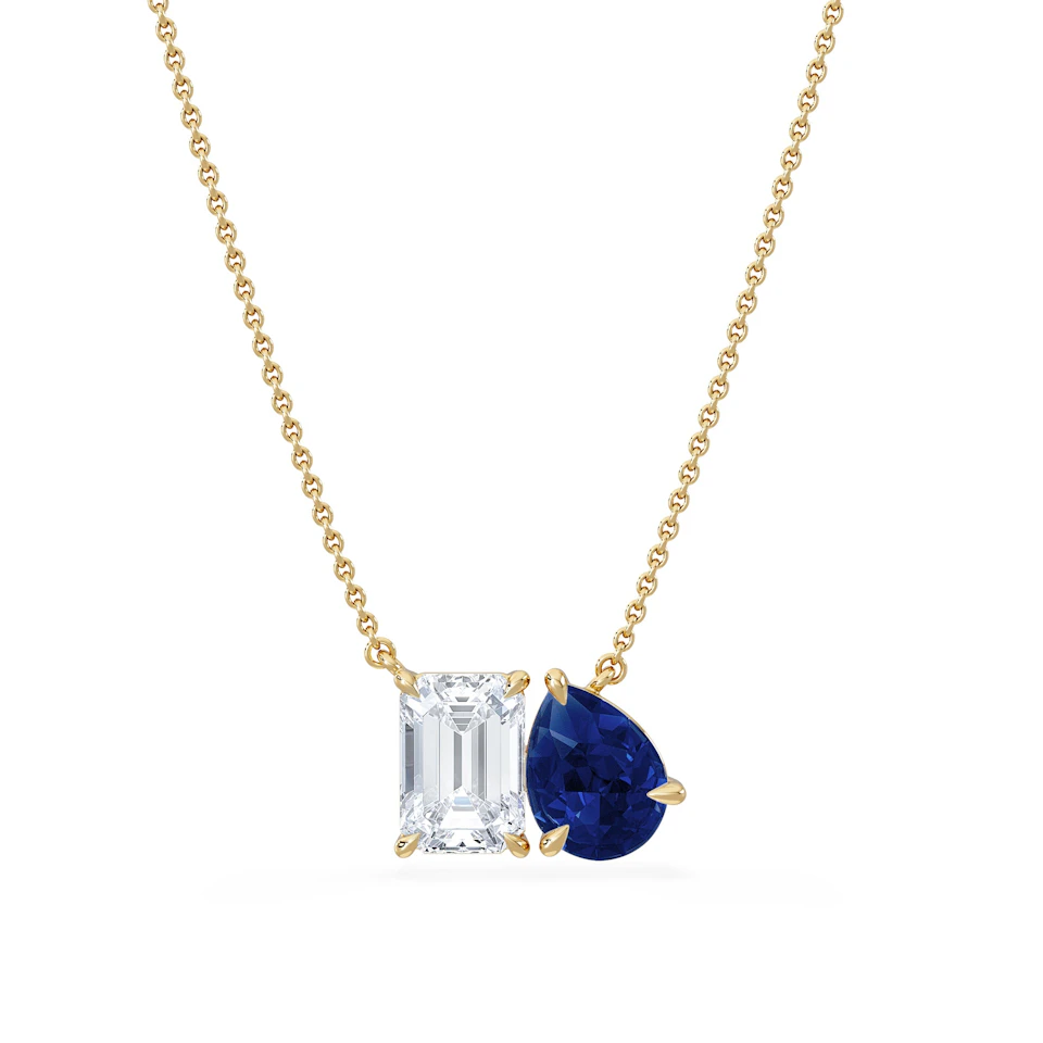 Toi Et Moi 1.50ct Emerald Cut Lab Diamond and 1.30ct Pear Lab Sapphire Necklace in 18K Yellow Gold