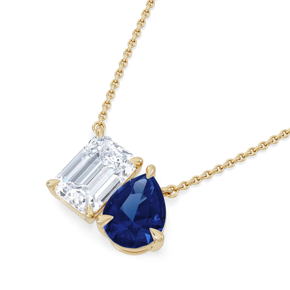 Toi Et Moi 1.50ct Emerald Cut Lab Diamond and 1.30ct Pear Lab Sapphire Necklace in 18K Yellow Gold