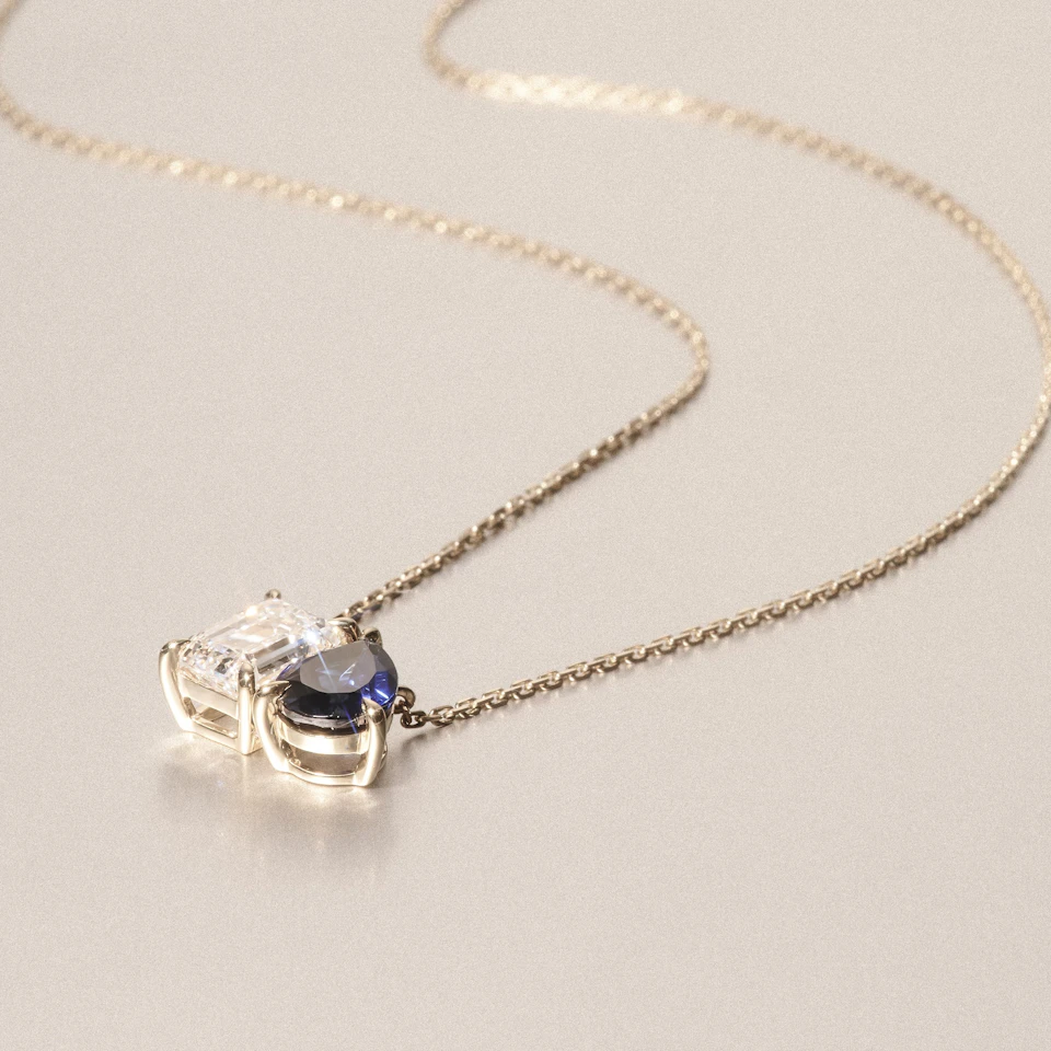 Toi Et Moi 1.50ct Emerald Cut Lab Diamond and 1.30ct Pear Lab Sapphire Necklace in 18K Yellow Gold