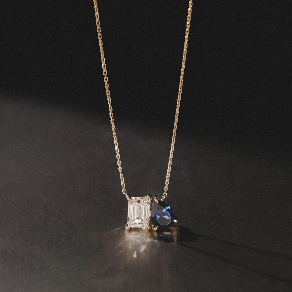 Toi Et Moi 1.50ct Emerald Cut Lab Diamond and 1.30ct Pear Lab Sapphire Necklace in 18K Yellow Gold