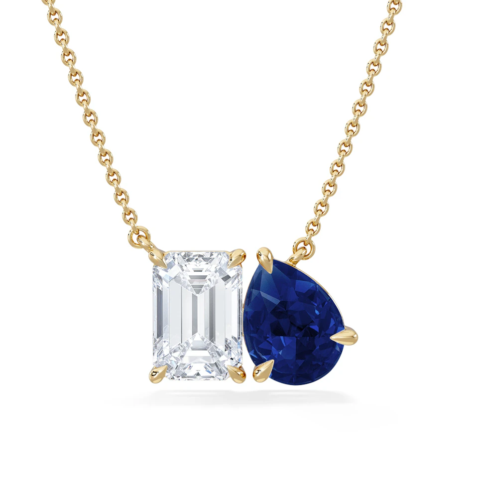 Toi Et Moi 1.50ct Emerald Cut Lab Diamond and 1.30ct Pear Lab Sapphire Necklace in 18K Yellow Gold