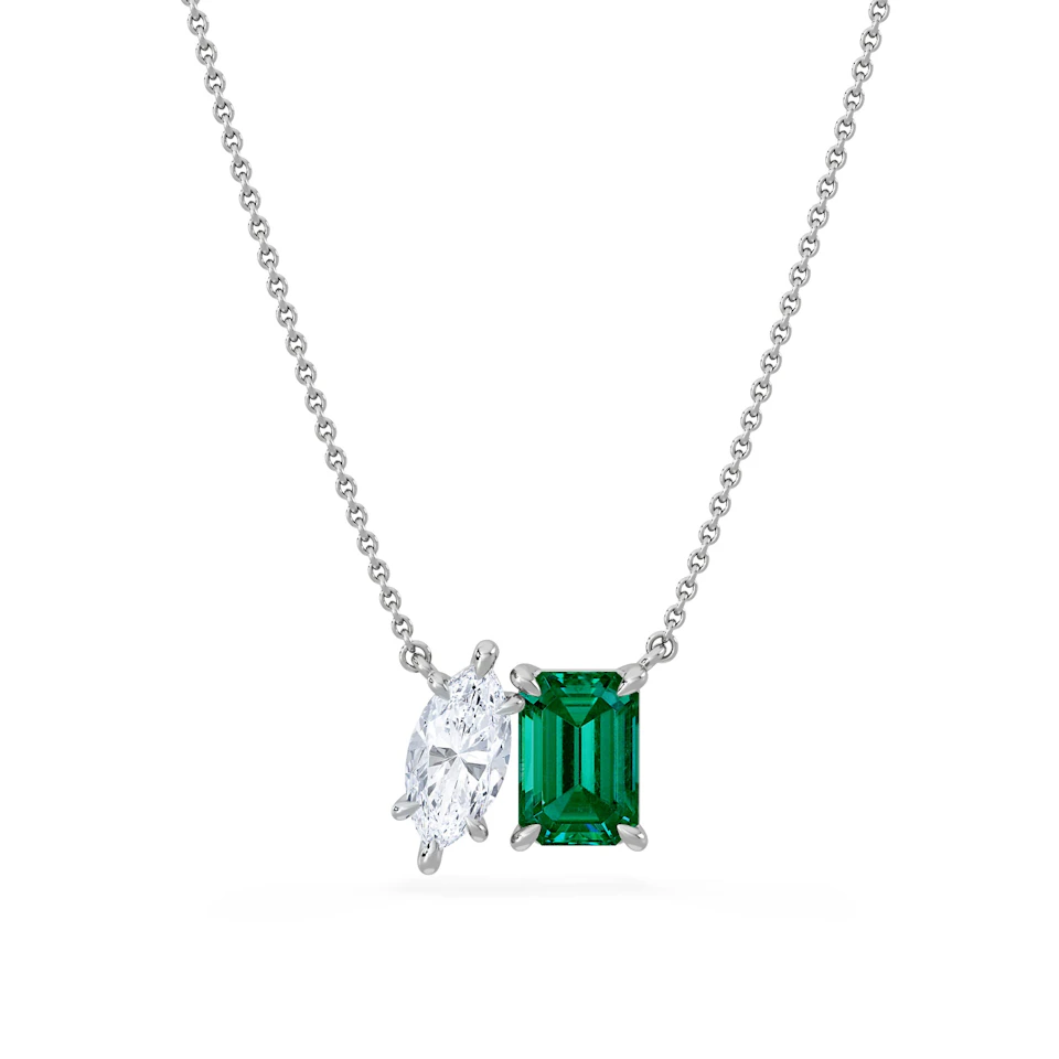 Toi Et Moi 1.50ct Marquise Lab Diamond and 2.50ct Emerald Cut Lab Emerald Necklace in 18K White Gold
