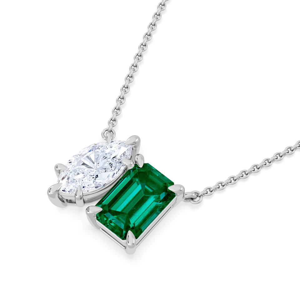 Toi Et Moi 1.50ct Marquise Lab Diamond and 2.50ct Emerald Cut Lab Emerald Necklace in 18K White Gold