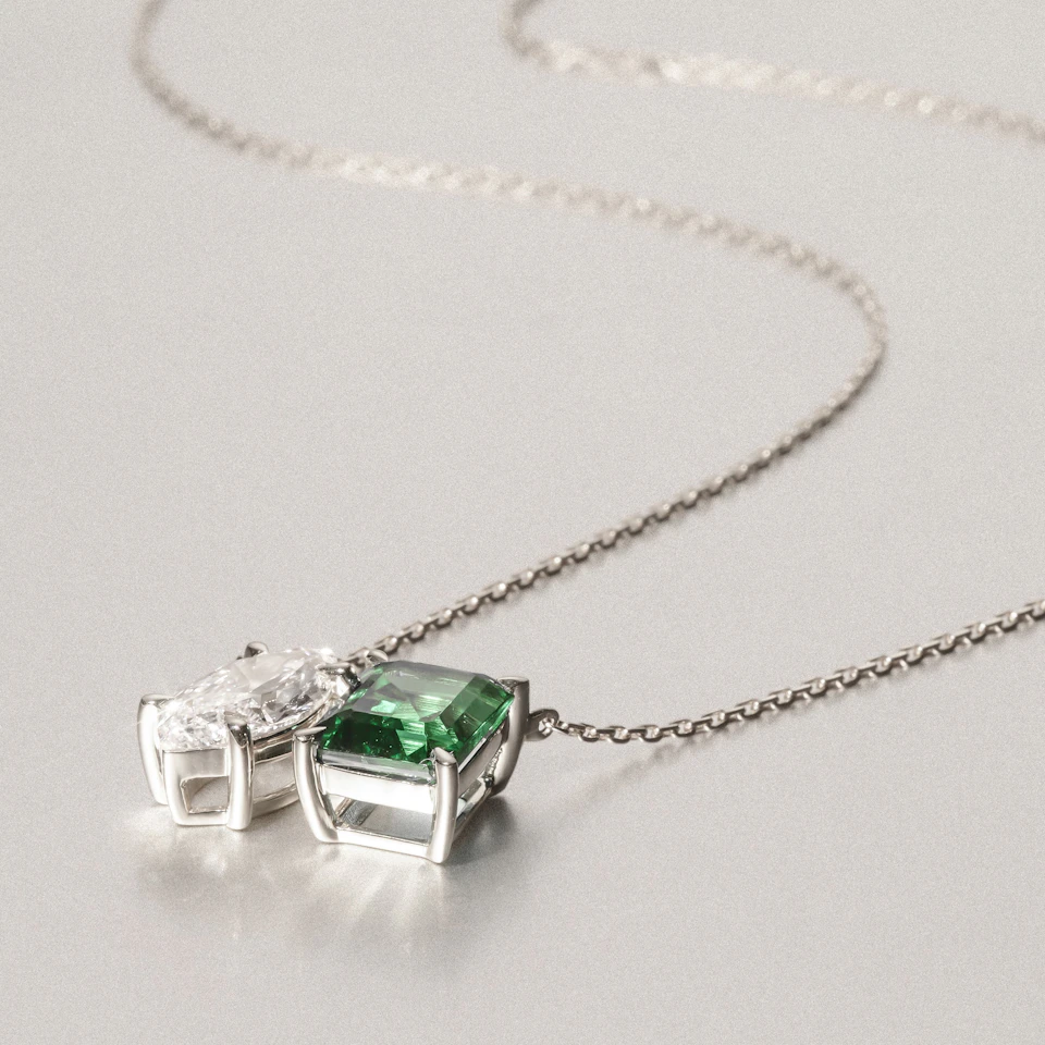 Toi Et Moi 1.50ct Marquise Lab Diamond and 2.50ct Emerald Cut Lab Emerald Necklace in 18K White Gold