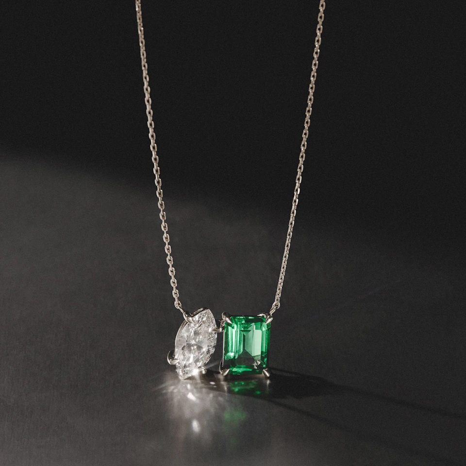 Toi Et Moi 1.50ct Marquise Lab Diamond and 2.50ct Emerald Cut Lab Emerald Necklace in 18K White Gold