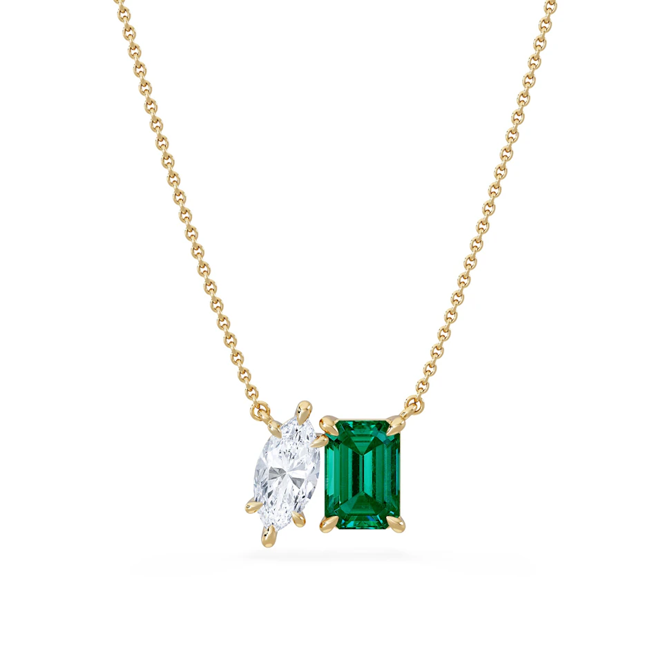 Toi Et Moi 1.50ct Marquise Lab Diamond and 2.50ct Emerald Cut Lab Emerald Necklace in 18K Yellow Gold