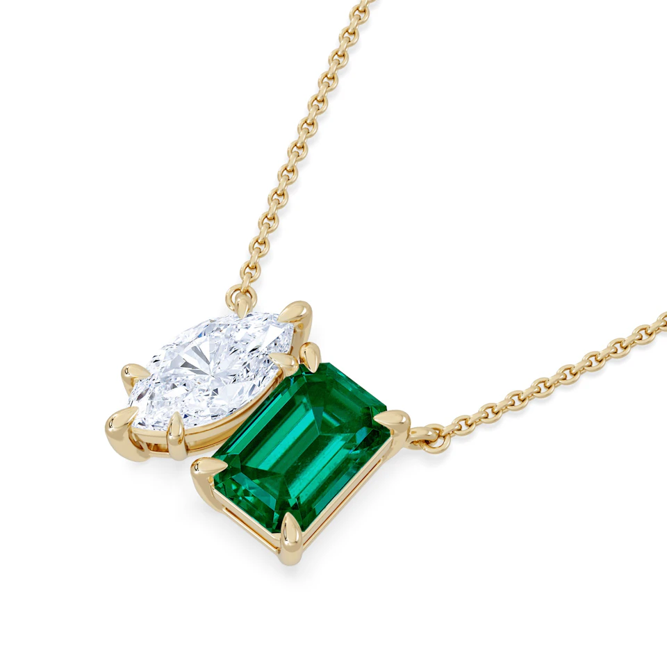 Toi Et Moi 1.50ct Marquise Lab Diamond and 2.50ct Emerald Cut Lab Emerald Necklace in 18K Yellow Gold