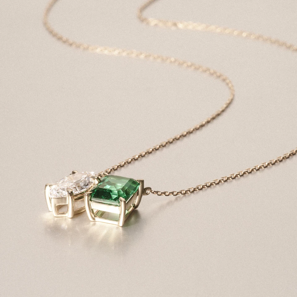 Toi Et Moi 1.50ct Marquise Lab Diamond and 2.50ct Emerald Cut Lab Emerald Necklace in 18K Yellow Gold
