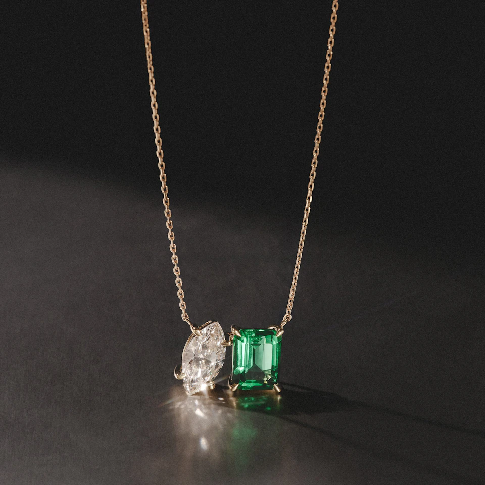 Toi Et Moi 1.50ct Marquise Lab Diamond and 2.50ct Emerald Cut Lab Emerald Necklace in 18K Yellow Gold