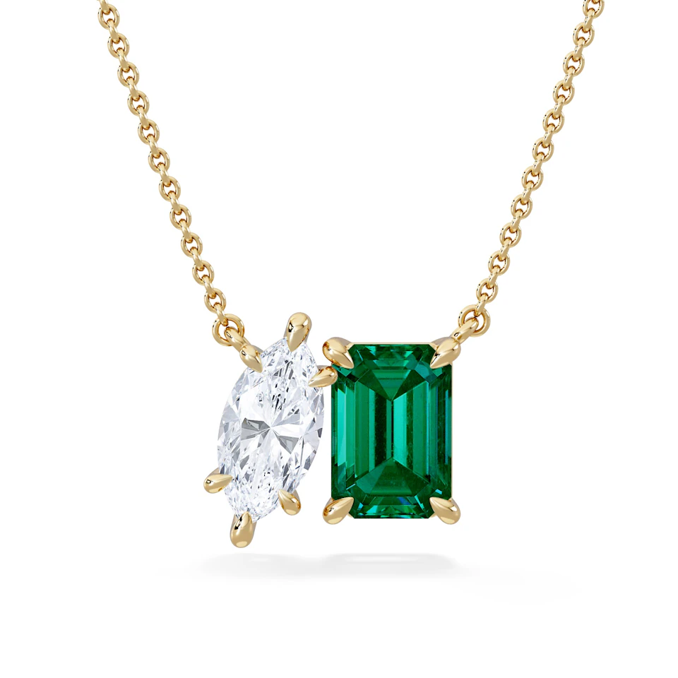 Toi Et Moi 1.50ct Marquise Lab Diamond and 2.50ct Emerald Cut Lab Emerald Necklace in 18K Yellow Gold